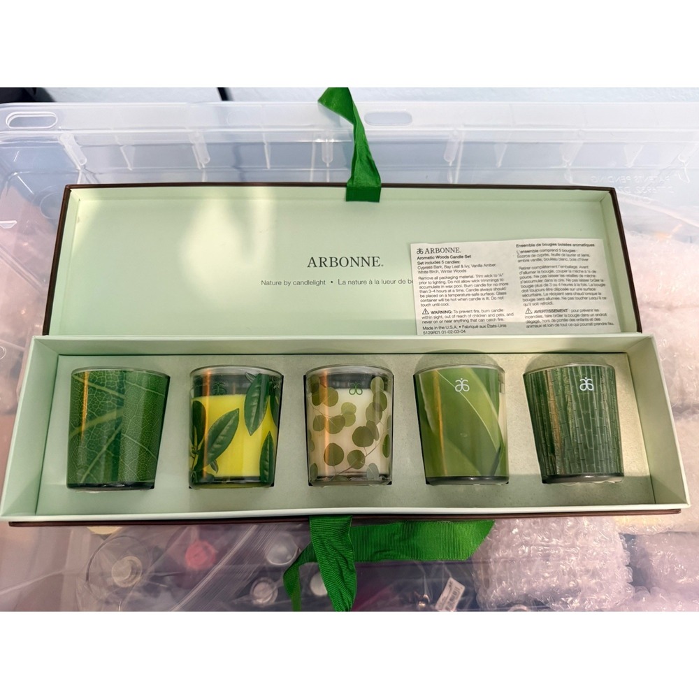 Vintage Arbonne Aromatic Woods Candle Set 5 Scents NIB Gift Set Melted